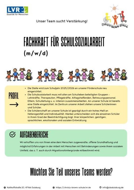 Flyer zur Suche einer Fachkraft für Sozialarbeit an der CBS